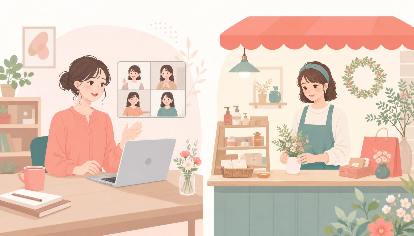UTAGEが向く講座ビジネスとLステップが向く店舗ビジネスの対比イラスト