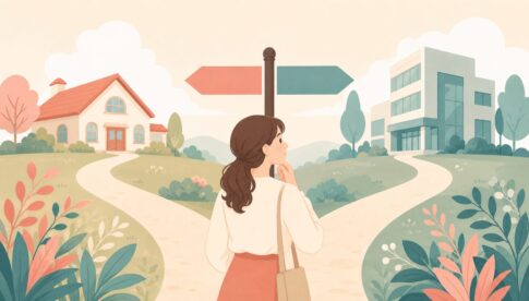 UTAGEとLステップのどちらを選ぶか分かれ道で考える女性のイラスト