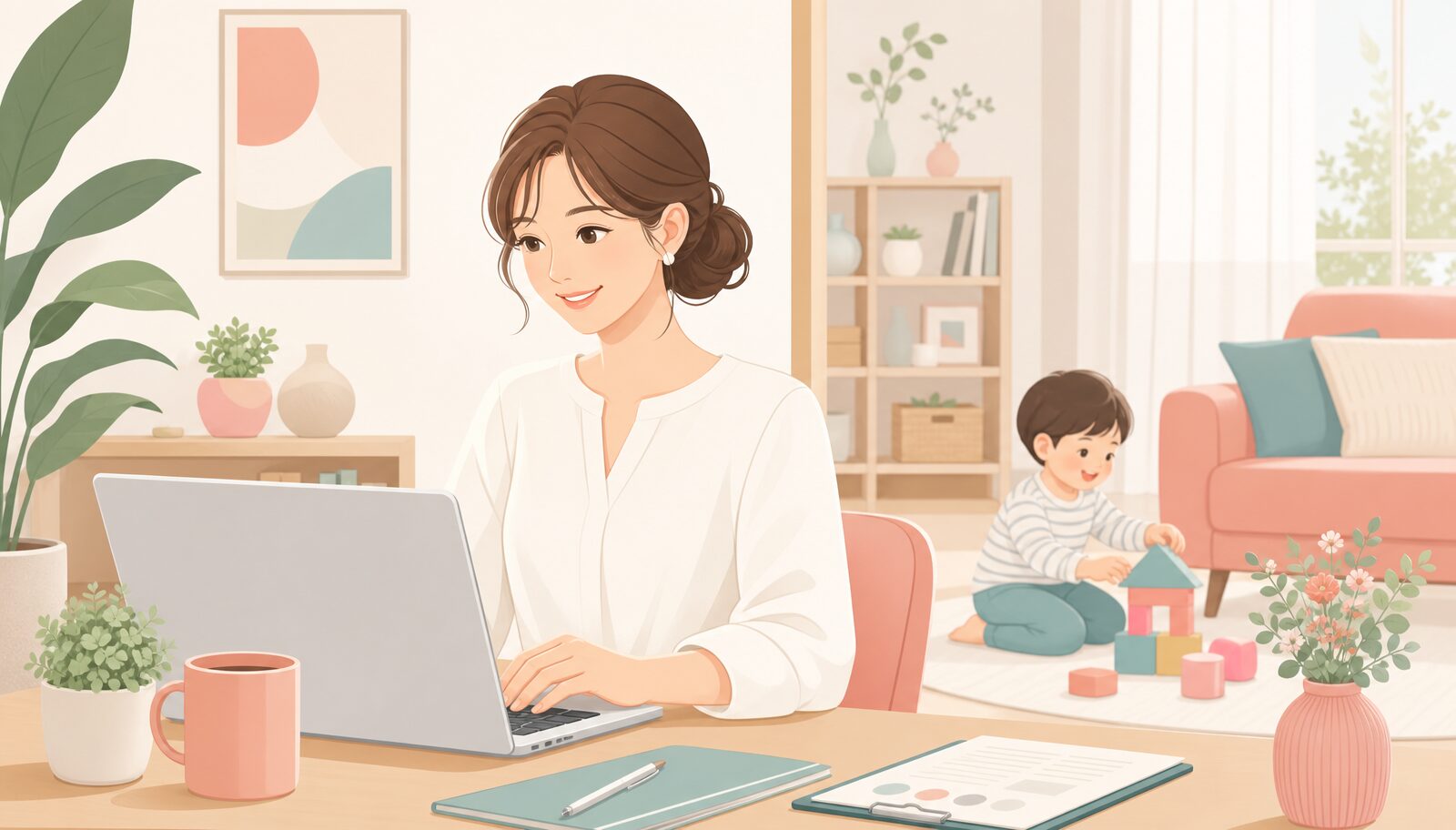 自宅でUTAGEを使って仕事をする子育て中の女性のイラスト